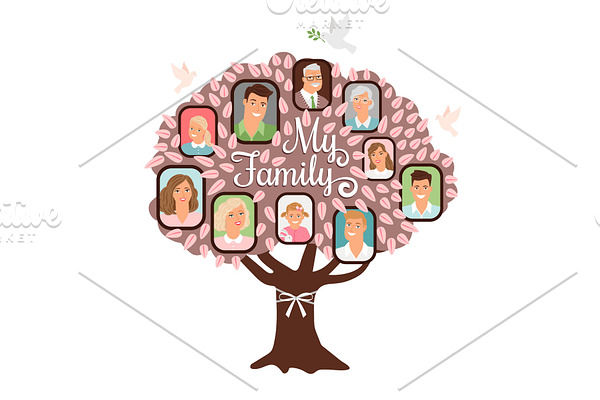 Family tree cartoon doodle icon