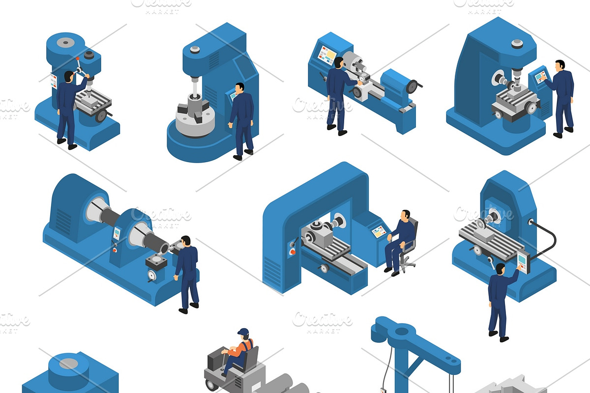 Machine tools with workers set in Icons - product preview 8