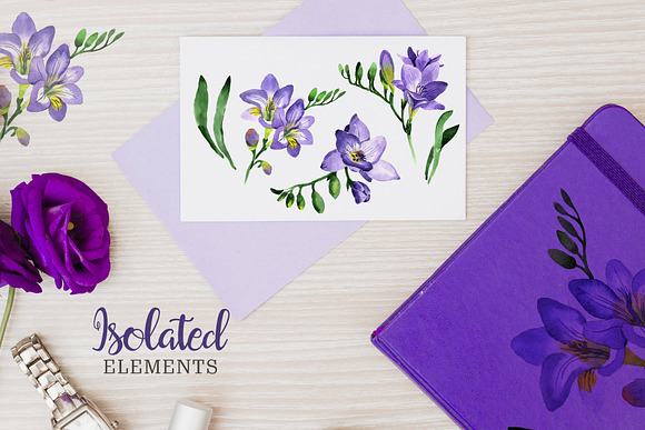   Purple Freesia Watercolor png in Illustrations - product preview 7