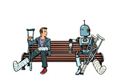a robot and a man with broken legs