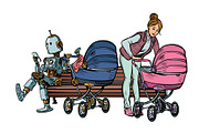 young mother and robot with a baby