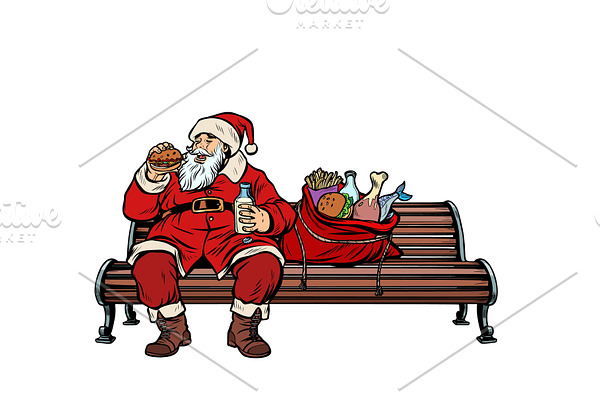 Santa Claus hungry eating on a Park