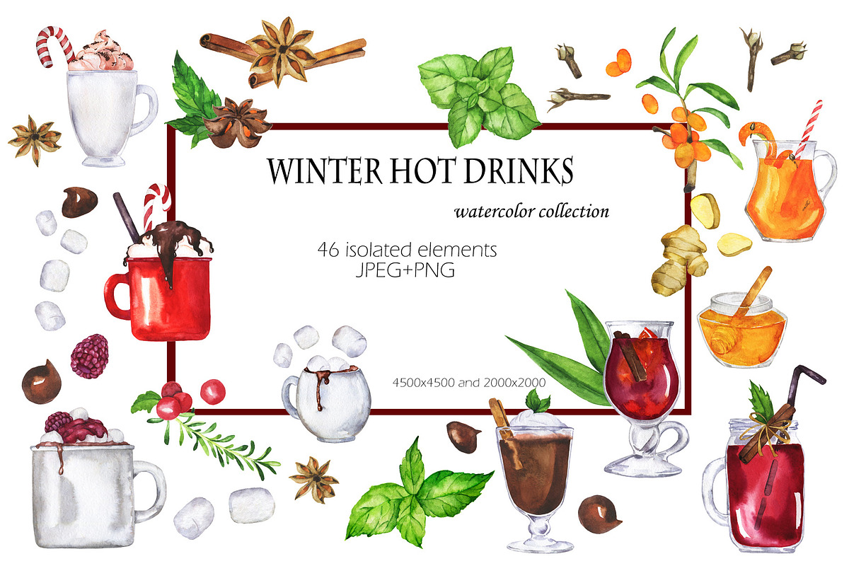 Winter hot drinks watercolor set in Illustrations - product preview 8