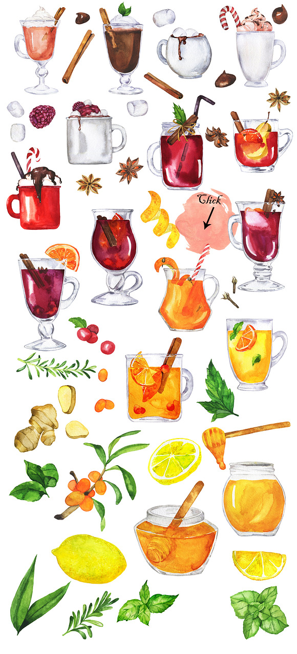 Winter hot drinks watercolor set in Illustrations - product preview 1