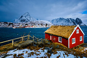 Traditional red rorbu house in Reine