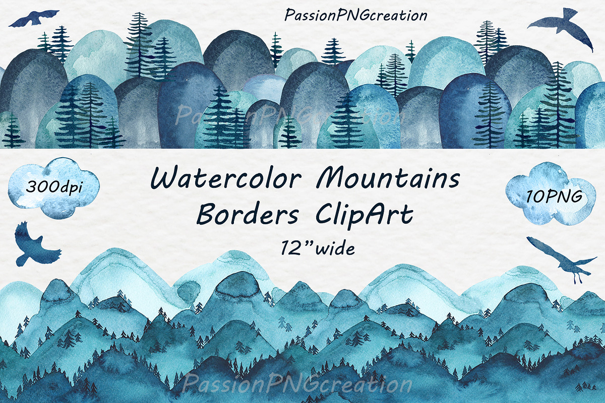 Watercolor Mountain Borders Clip Art in Illustrations - product preview 8