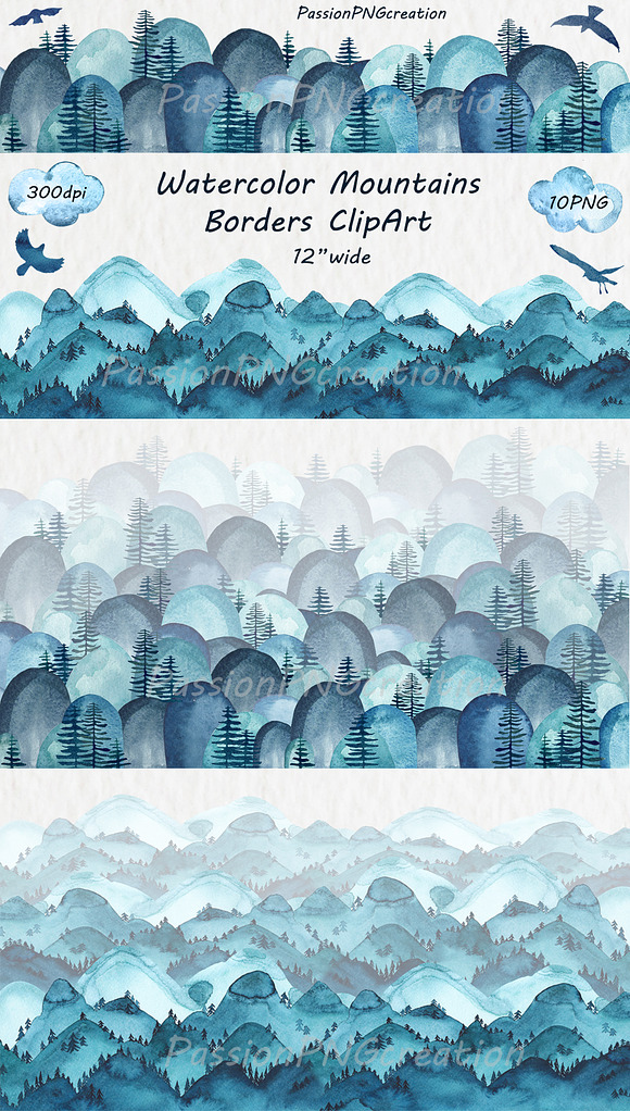 Watercolor Mountain Borders Clip Art in Illustrations - product preview 4