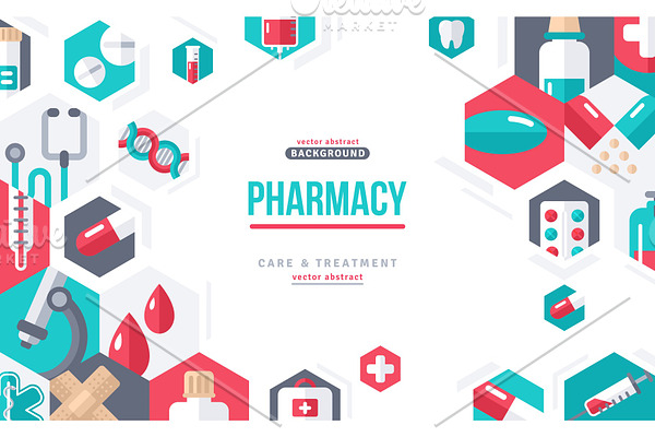 Pharmacy Banner Icons in Hexagons