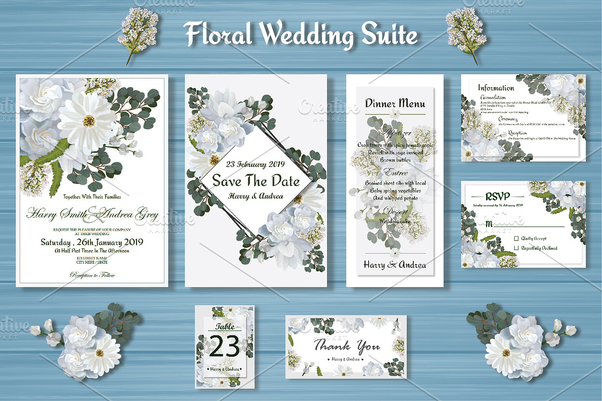 White Floral Wedding Invitation Suit in Wedding Templates - product preview 8