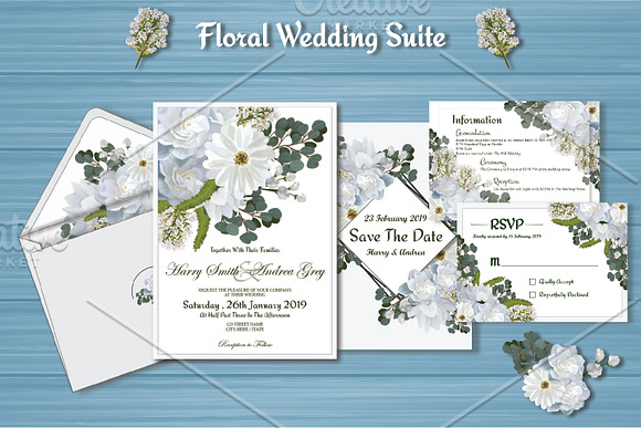 White Floral Wedding Invitation Suit in Wedding Templates - product preview 2