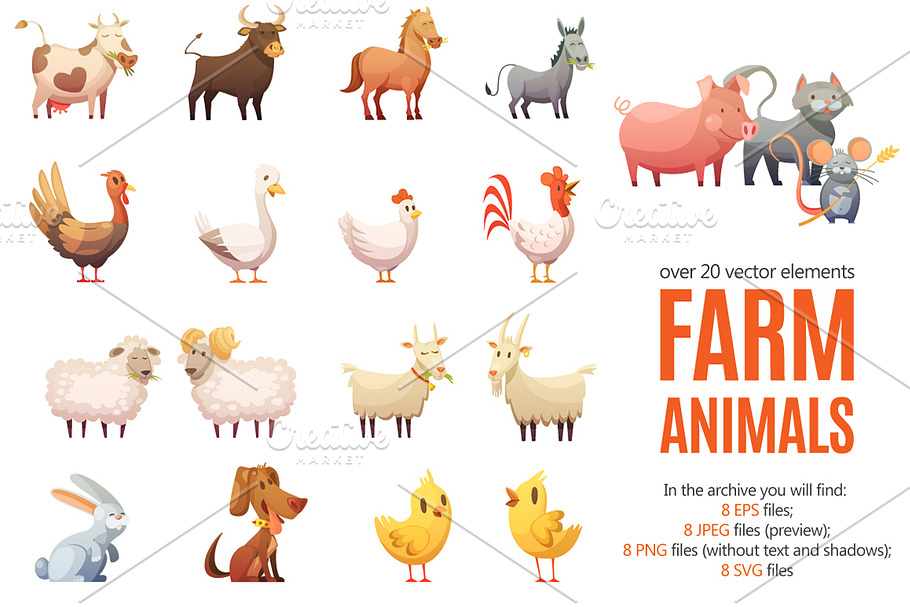 Farm Animals Cartoon Set in Illustrations - product preview 8