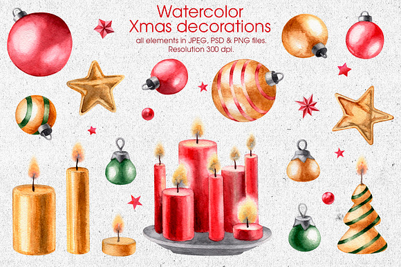 Xmas decor. Watercolor clip art set in Illustrations - product preview 2