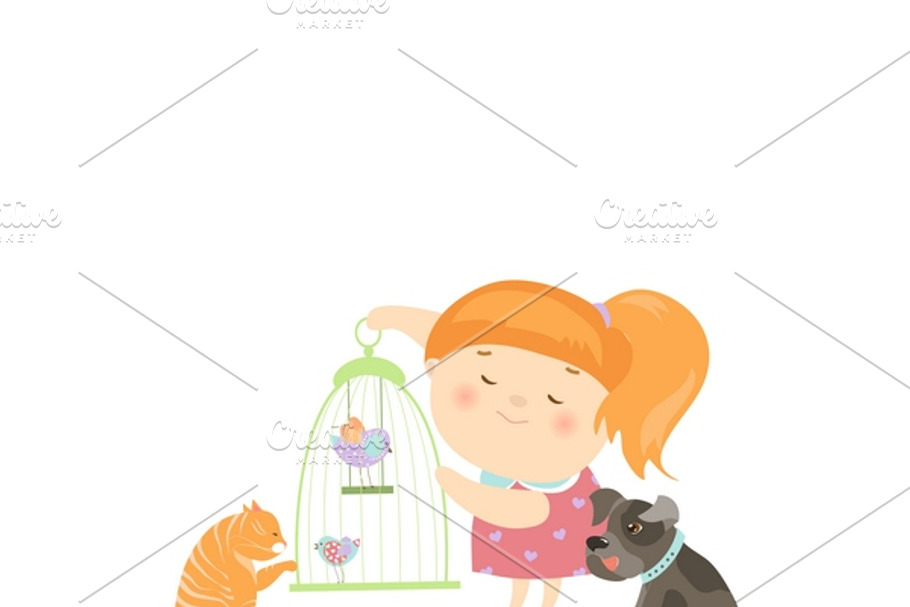 Cute Girl Surrounded by Pets in Illustrations - product preview 8
