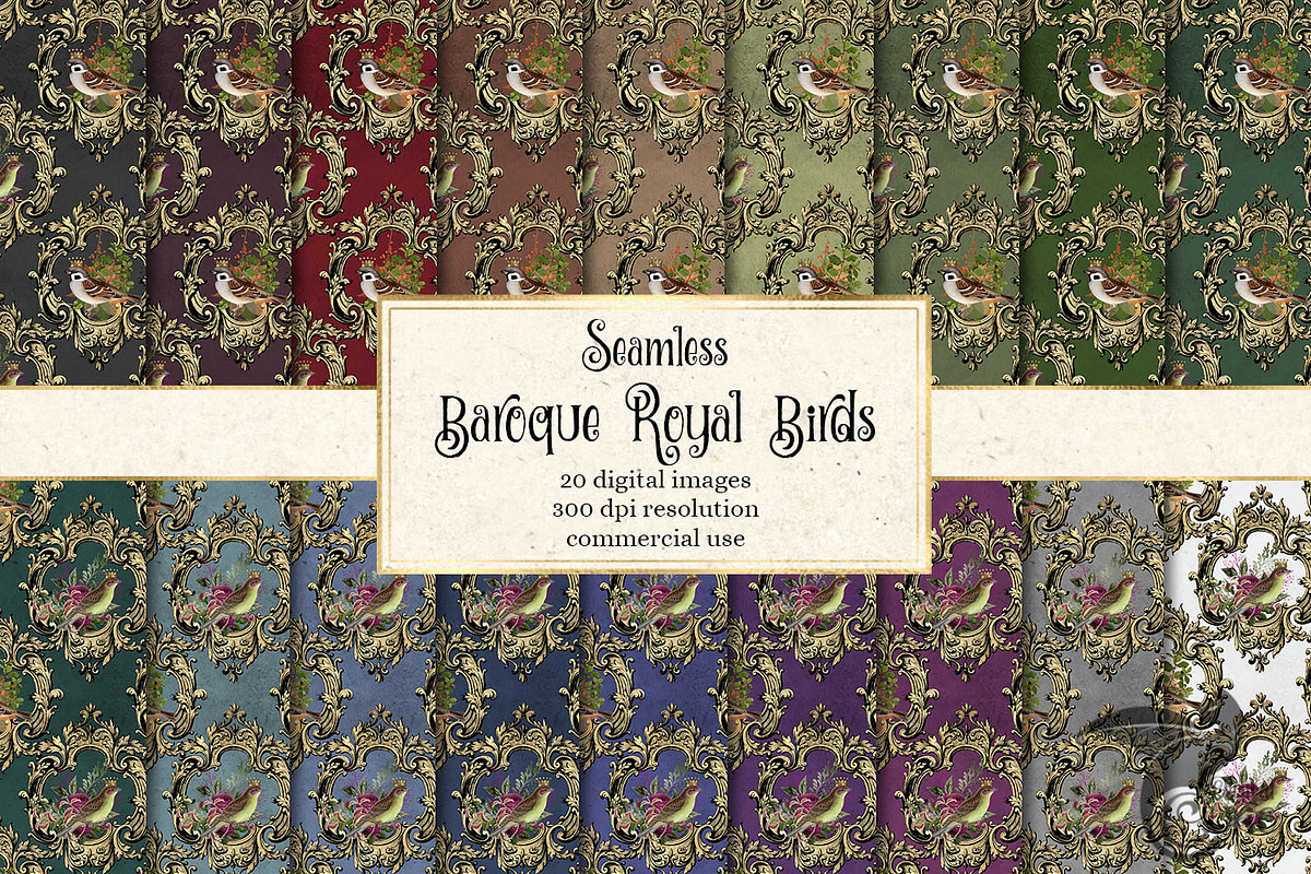 Baroque Royal Birds Digital Paper in Patterns - product preview 8