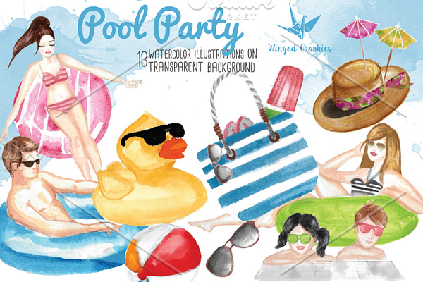 Pool Party watercolor illustrations