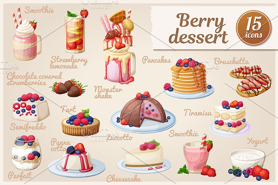 Berry dessert vector icons set