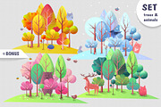 Trees and animals in cartoon style.