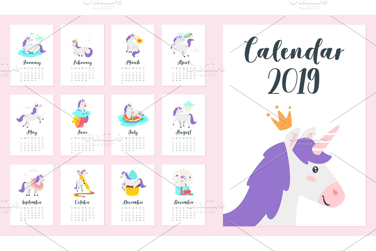 2019 year monthly calendar in Illustrations - product preview 8