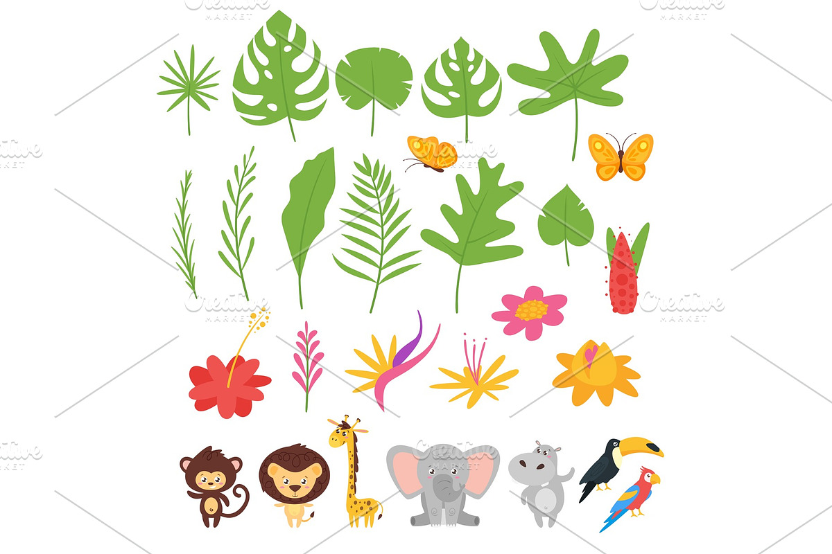 Jungle leaves, flowers and animals in Illustrations - product preview 8