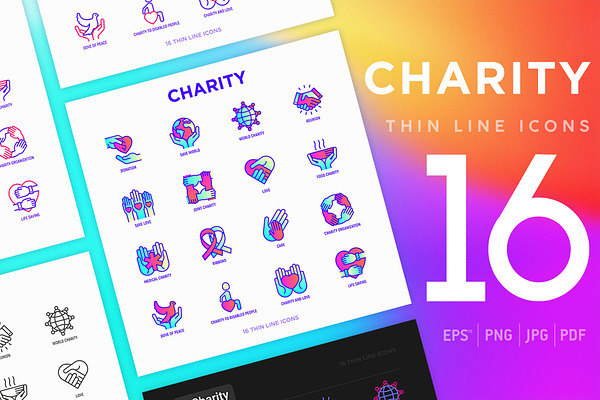 Charity | 16 Thin Line Icons Set