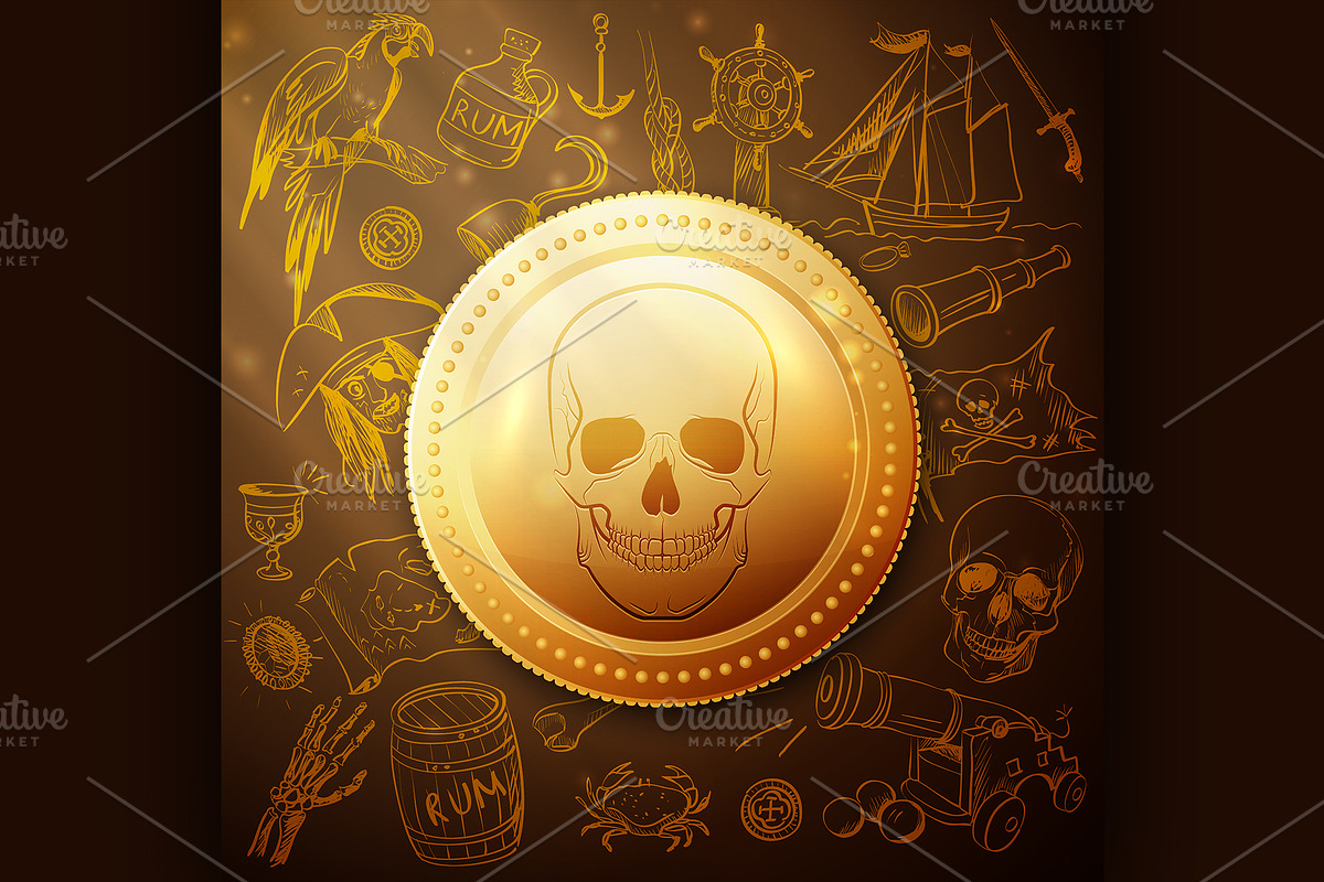 coin skull pirate and Hand drawn in Illustrations - product preview 8