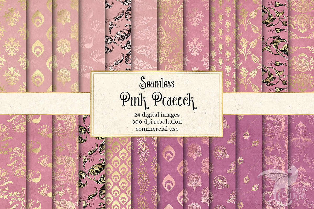 Pink and Gold Peacock Digital Paper in Patterns - product preview 8