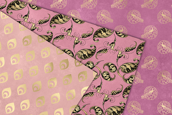 Pink and Gold Peacock Digital Paper in Patterns - product preview 1