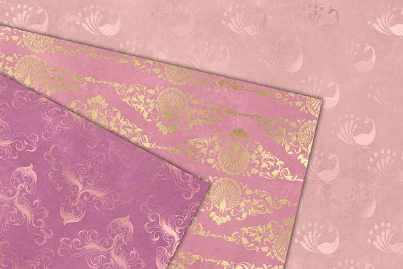 Pink and Gold Peacock Digital Paper in Patterns - product preview 2