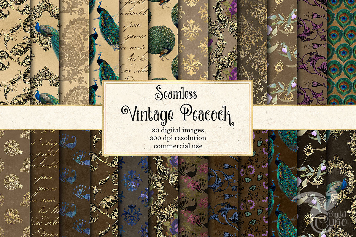 Vintage Peacock Digital Paper in Patterns - product preview 8