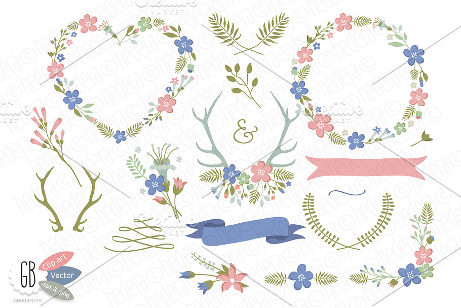 Folk flower wreaths heart blue in Illustrations - product preview 8