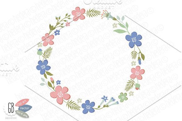 Folk flower wreaths heart blue in Illustrations - product preview 1