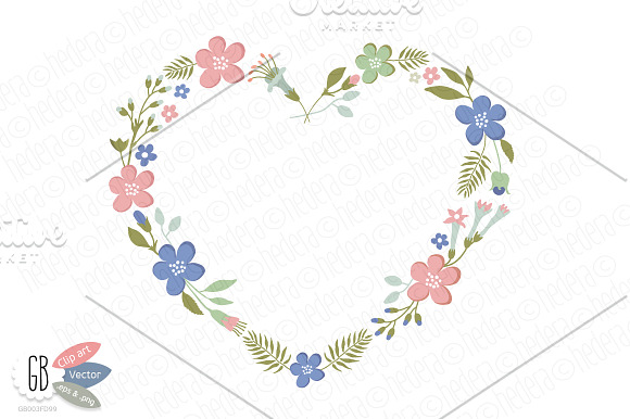 Folk flower wreaths heart blue in Illustrations - product preview 2