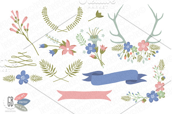 Folk flower wreaths heart blue in Illustrations - product preview 3