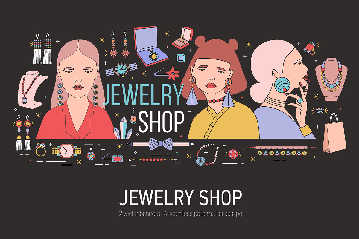 Jewelry shop banner and seamless in Illustrations - product preview 8