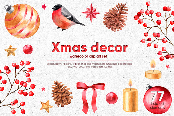 Xmas decor. Watercolor clip art set in Illustrations - product preview 5
