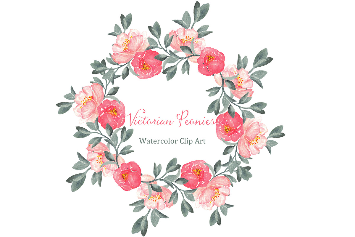 Peonies Victorian Watercolor Clipart in Illustrations - product preview 8