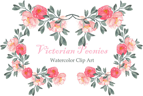 Peonies Victorian Watercolor Clipart in Illustrations - product preview 2