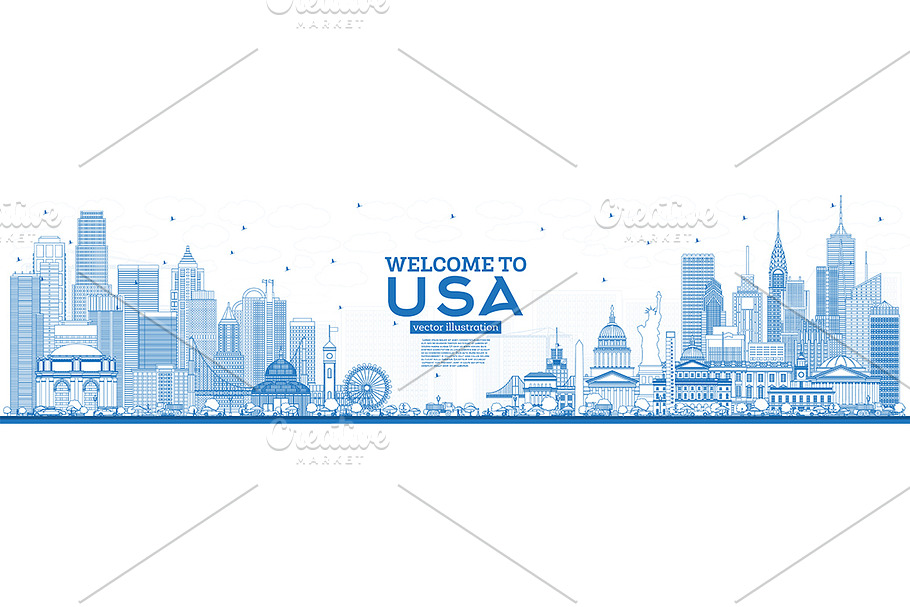Outline Welcome to USA Skyline  in Illustrations - product preview 8