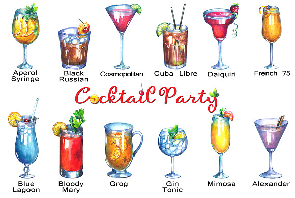 Cocktails watercolor clipart in Illustrations - product preview 2