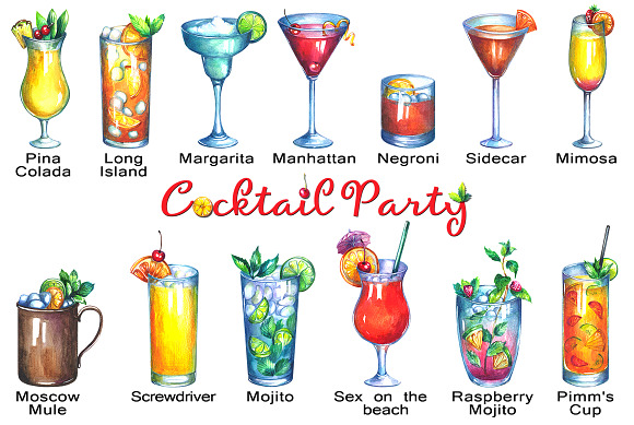 Cocktails watercolor clipart in Illustrations - product preview 3
