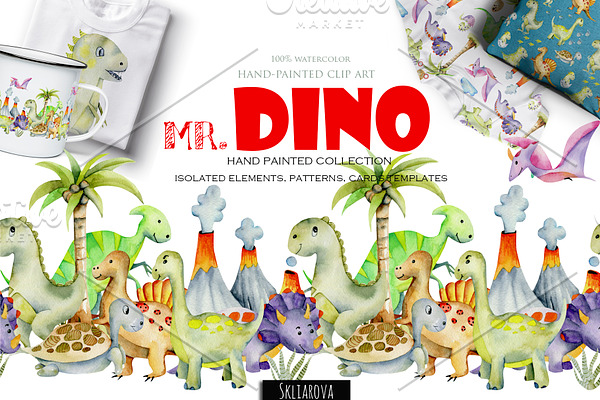 Mr.Dino. Watercolor clipart for kids