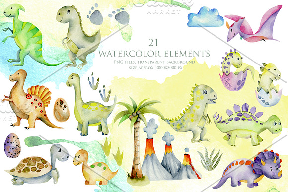 Mr.Dino. Watercolor clipart for kids in Illustrations - product preview 1