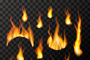 Set of bright different fire flames