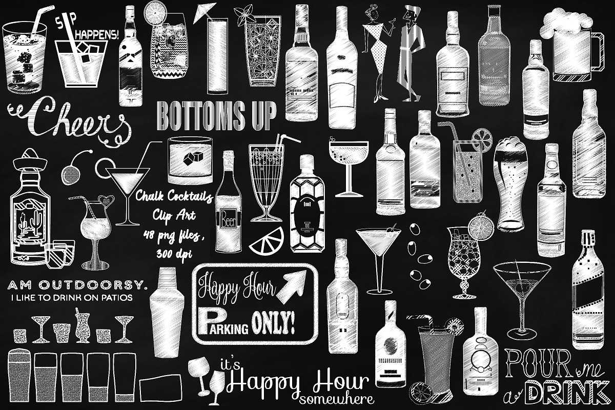 Chalk Sketchy Cocktails Clip Art in Illustrations - product preview 8