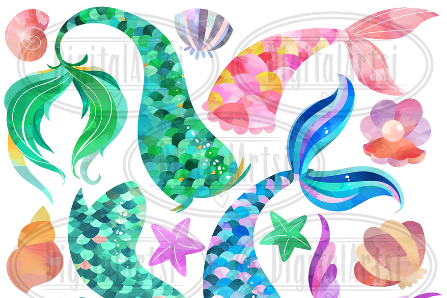 Watercolor Mermaid Tails Clipart in Illustrations - product preview 8