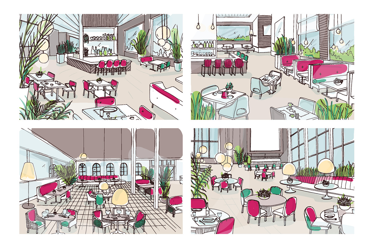 Cafe interior hand drawn set in Illustrations - product preview 8