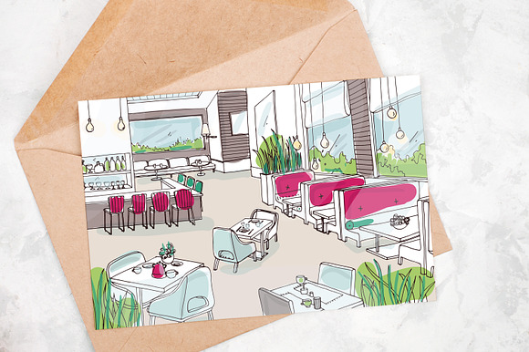 Cafe interior hand drawn set in Illustrations - product preview 3