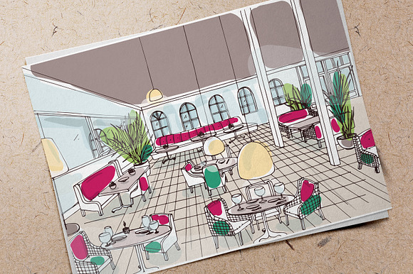 Cafe interior hand drawn set in Illustrations - product preview 4
