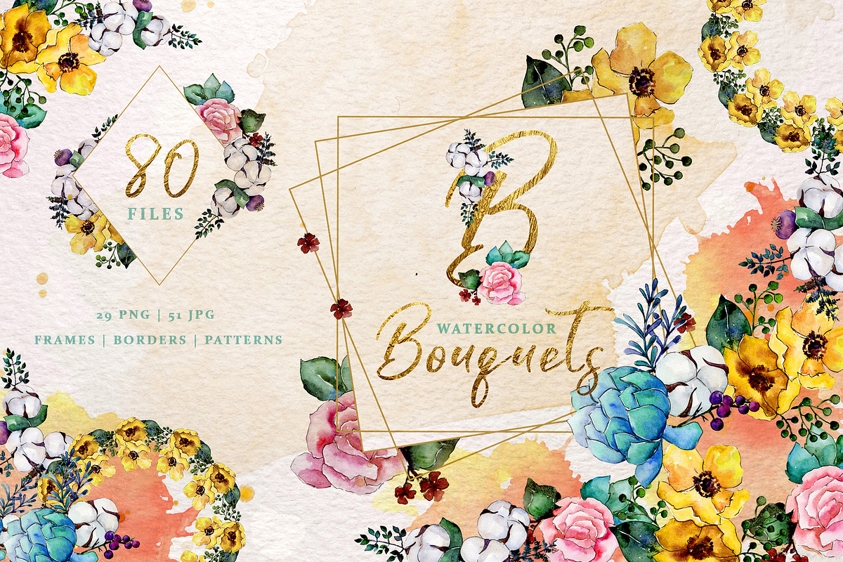 Bouquets yellow Watercolor png in Illustrations - product preview 8