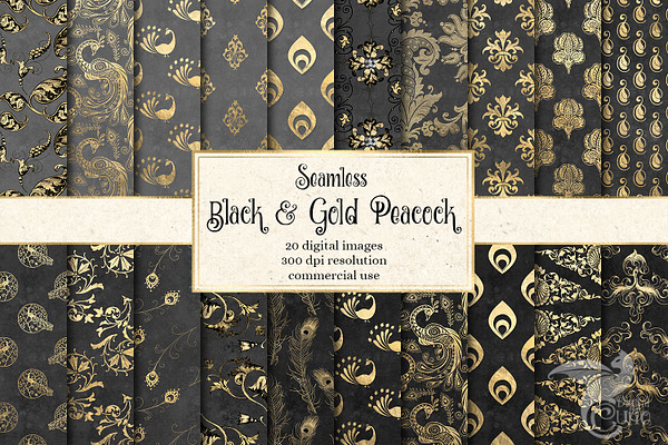 Black and Gold Peacock Digital Paper